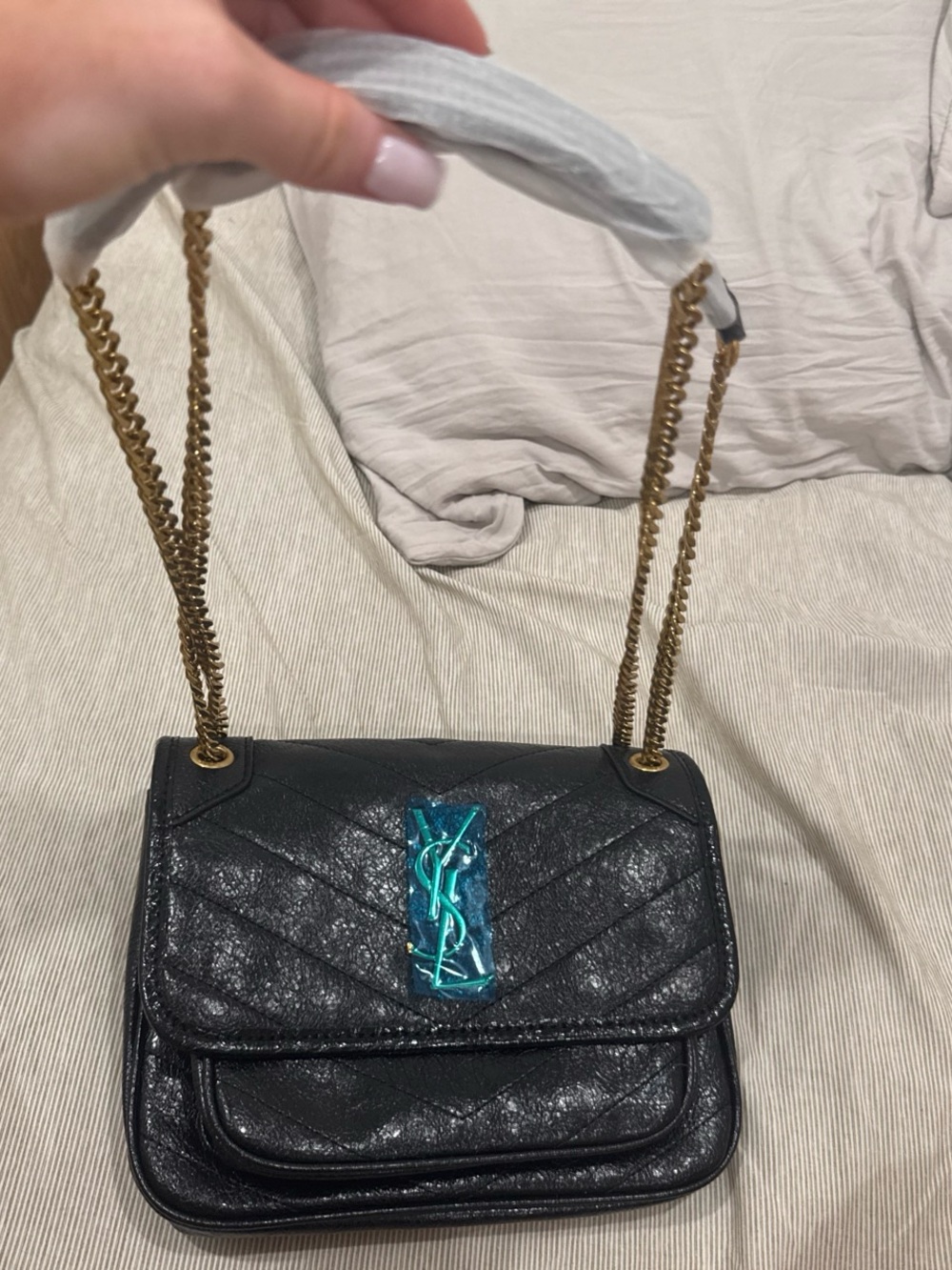 Free People Black Quilted Shoulder Bag with Gold Chain